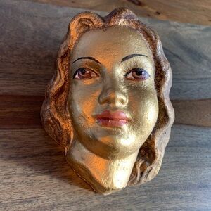 Sculpture Woman Face Stamped Amphora Made in Spain Brown Eyes Gold Toned Vtg.